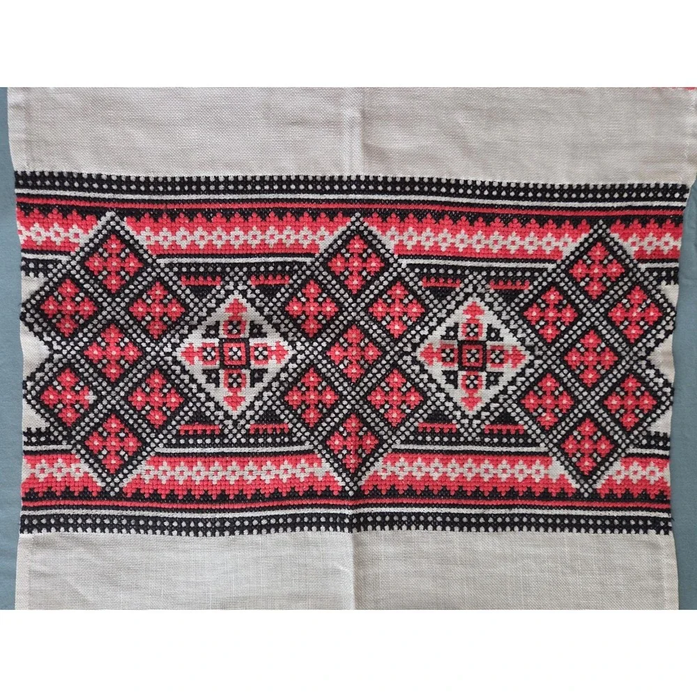 Vintage Ukrainian Rushnyk Embroidered Linen Towel, Red & Black Cross-Stitch Art